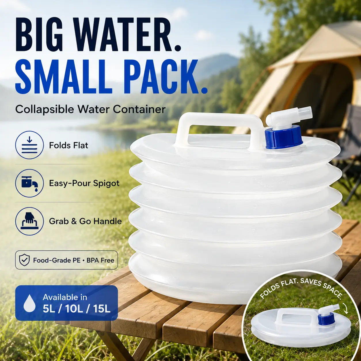Collapsible Water Container with Spigot | Portable Camping Water Storage